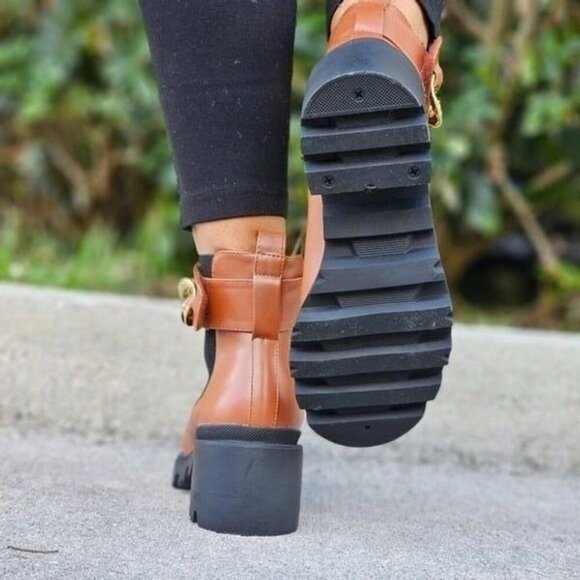 Women's Tan Combat Ankle Boots Heeled Booties - Picture 5 of 6